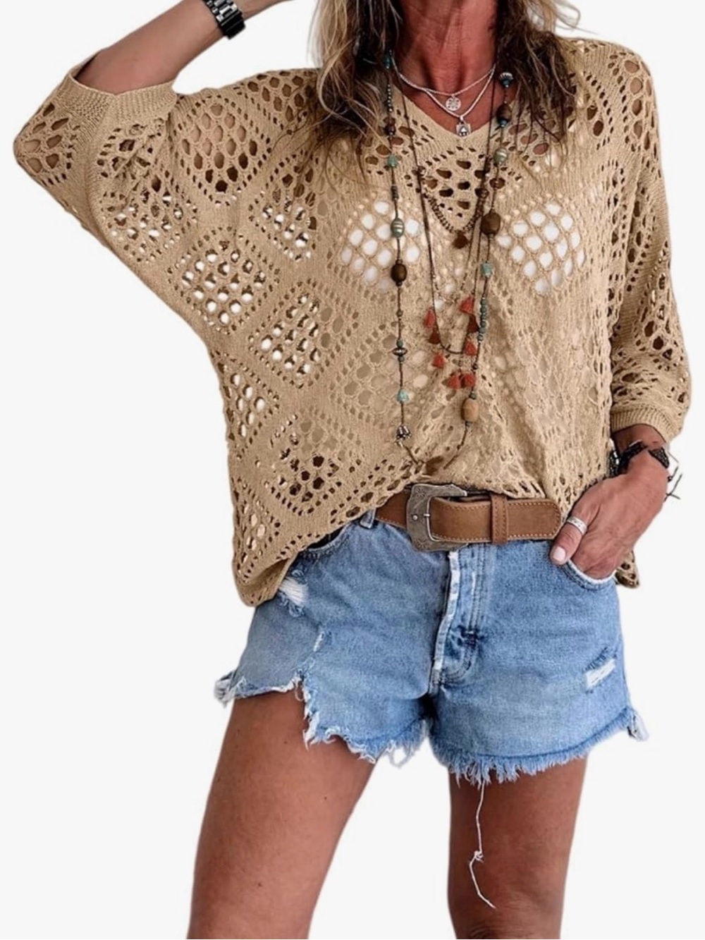 Creamy Beige Open Weave Diamond Crochet Knit Batwing Beach Top - Picture 2 of 11